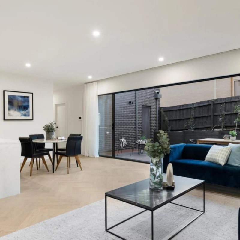 Open plan living and dining in a completed BEM Construction Group townhouse in Doncaster